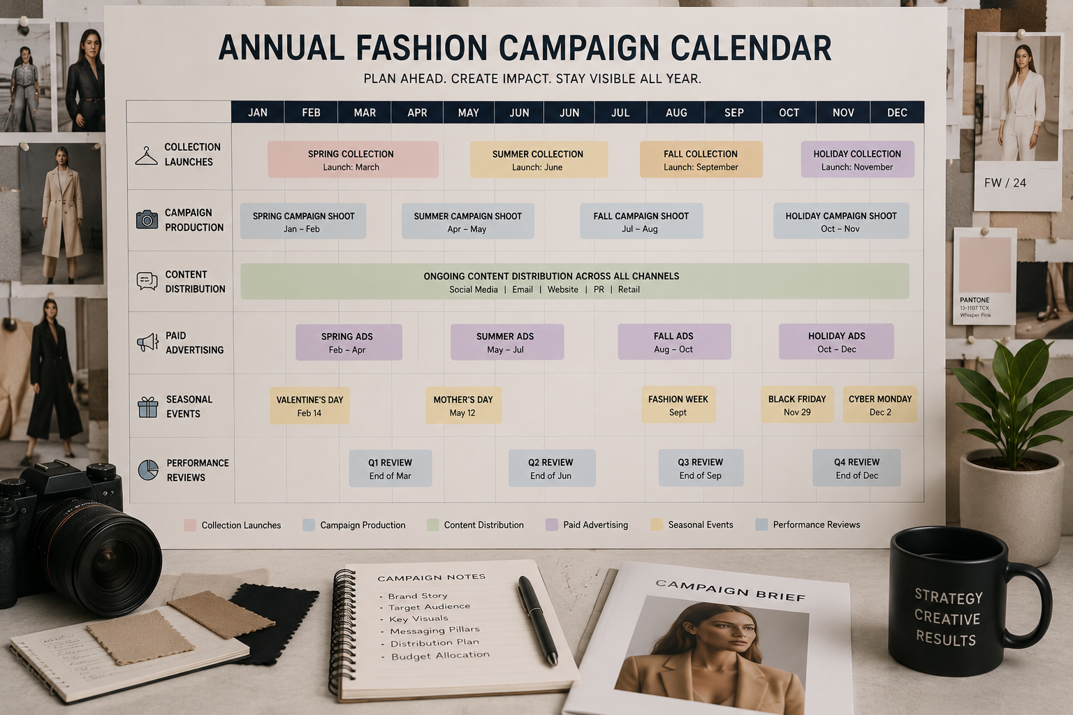 Annual Fashion Campaign Calendar with collection launches, campaign productions, advertising periods, and seasonal events