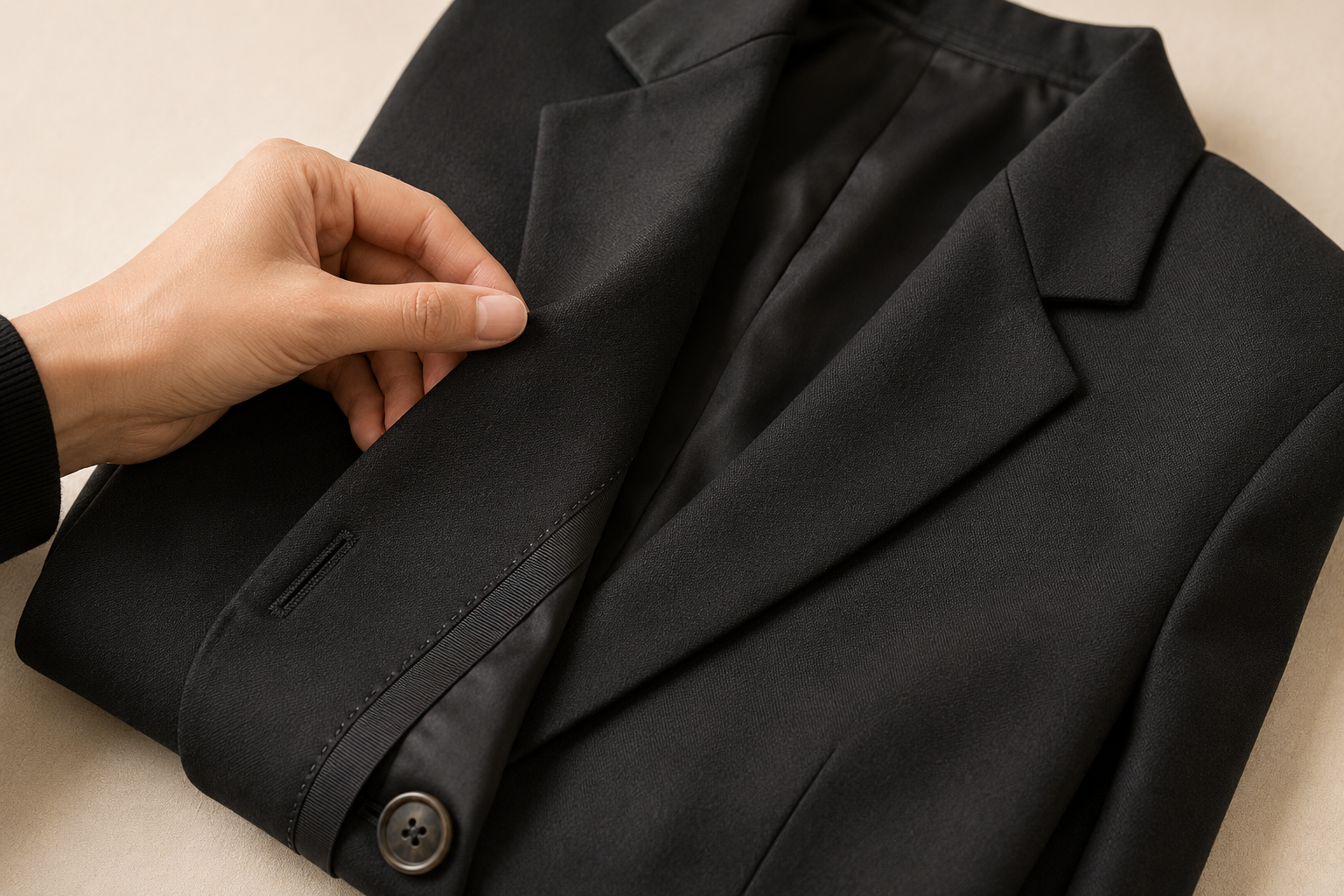 Close-up ecommerce image showing the construction, material and finish of a tailored fashion product.