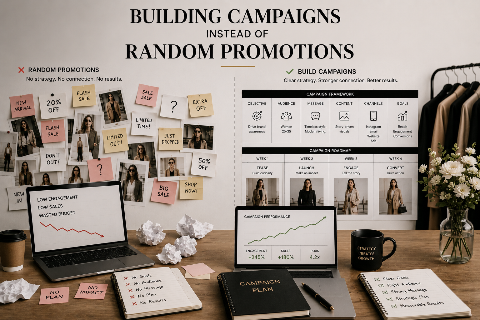 Comparison of a strategic fashion marketing campaign versus random promotions, showing campaign planning, content strategy, coordinated marketing channels, and measurable business goals.