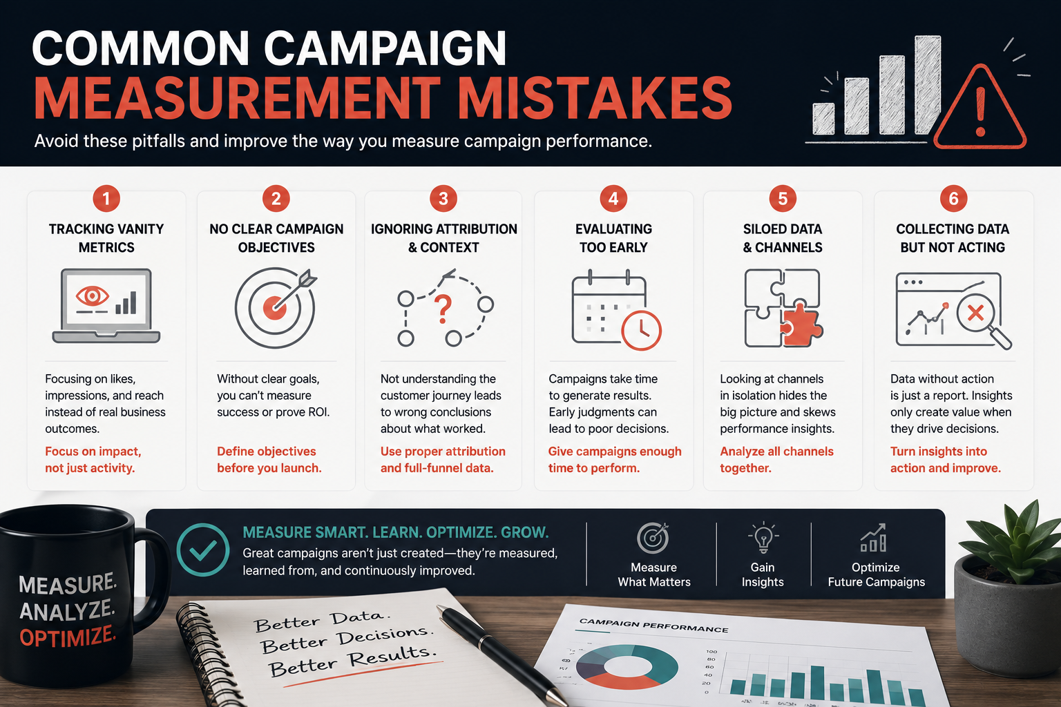 Infographic illustrating common campaign measurement mistakes, including tracking vanity metrics, unclear campaign objectives, poor attribution, siloed reporting, and ineffective use of campaign performance metrics when measuring campaign performance.
