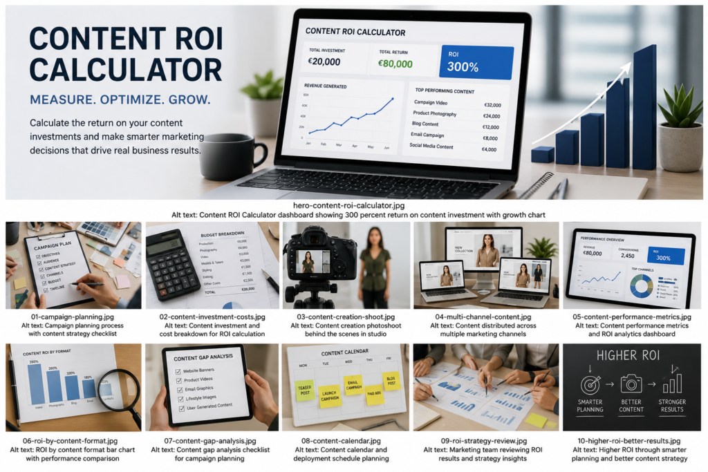 Content ROI Calculator illustrating how fashion and beauty brands measure content marketing ROI, track content performance metrics, calculate return on investment, and optimize marketing campaigns across multiple channels.