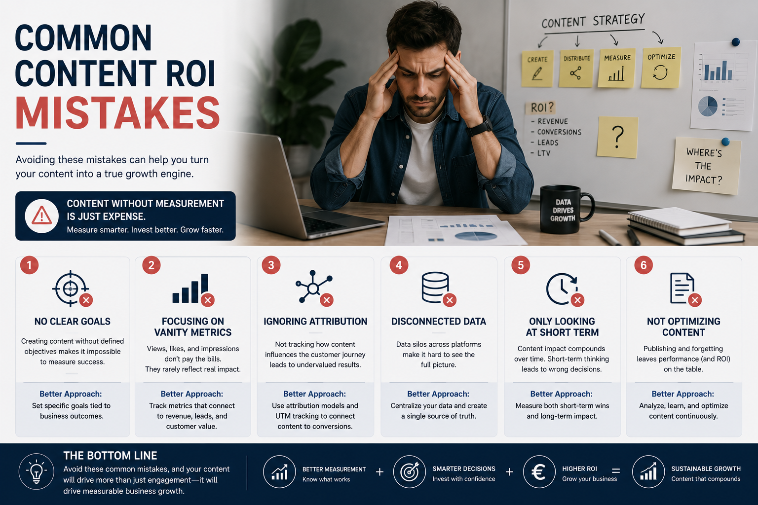 Common Content ROI Mistakes infographic showing how a Content ROI Calculator helps brands avoid vanity metrics, improve attribution, measure marketing content ROI, and make better data-driven marketing decisions.