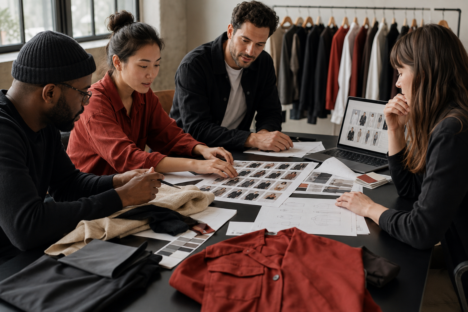 Creative team using an Ecommerce photography checklist to review garments, product images, color swatches and production requirements.