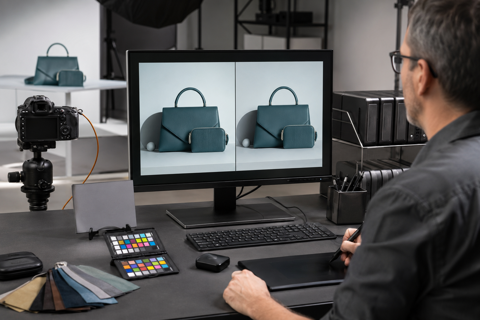 Ecommerce photography checklist quality-control setup with calibrated display, color reference, tethered camera and product files.