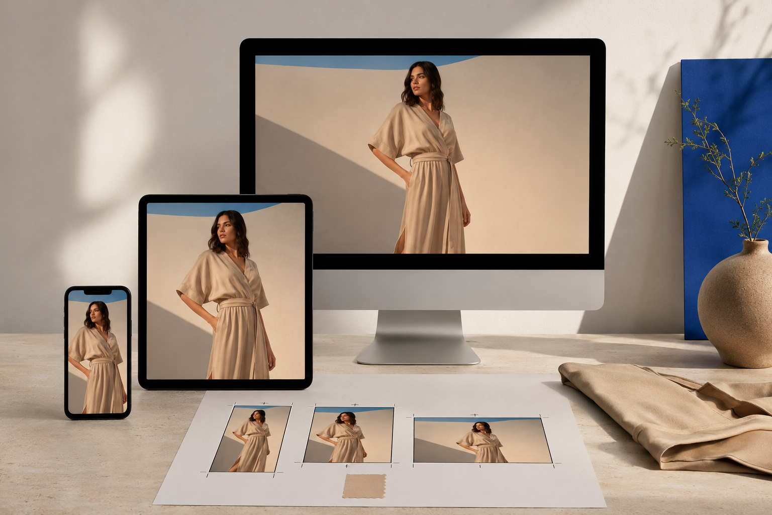 Ecommerce product photography displayed in vertical, square and landscape crops across mobile, tablet and desktop screens.