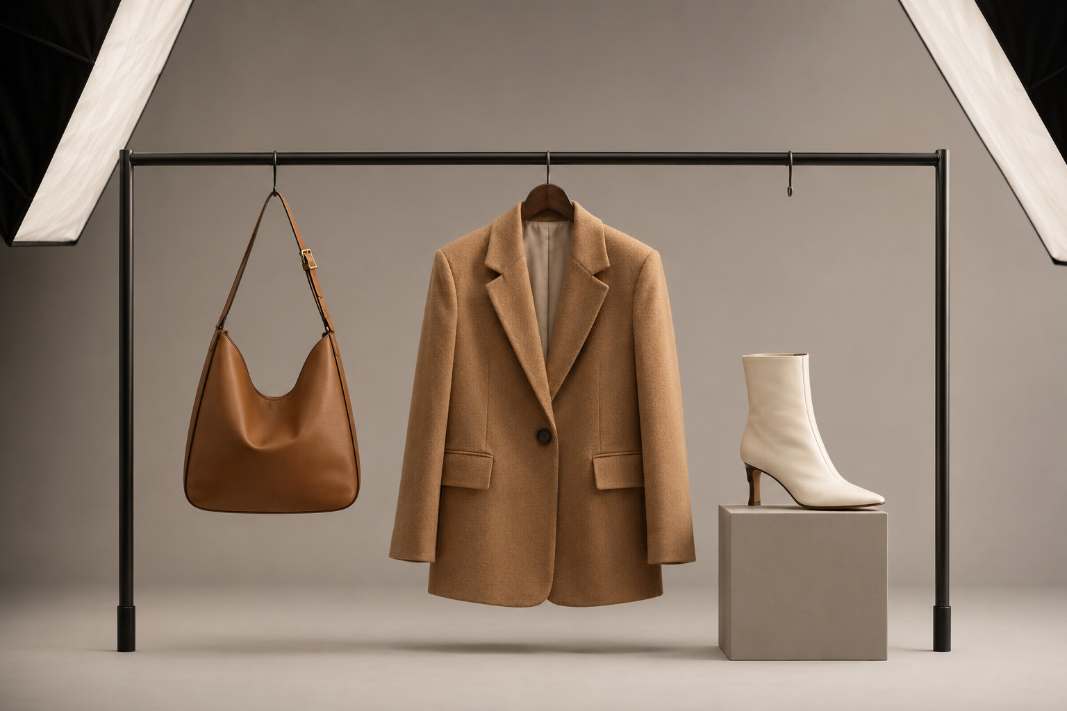 Product Page Image Guide: Build an Ecommerce Image System That Converts - Phil Halfmann Consistent ecommerce product photography setup for a jacket, handbag and shoe