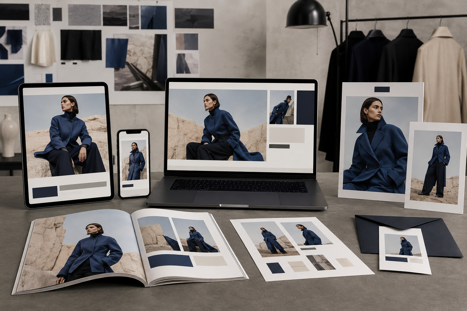 Fashion brand content strategy moodboard showing a coherent editorial visual identity through styling, color and photography