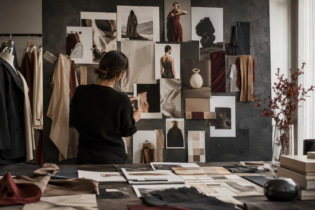 Fashion brand content strategy represented by an editorial campaign planning scene with fashion imagery and channel layouts