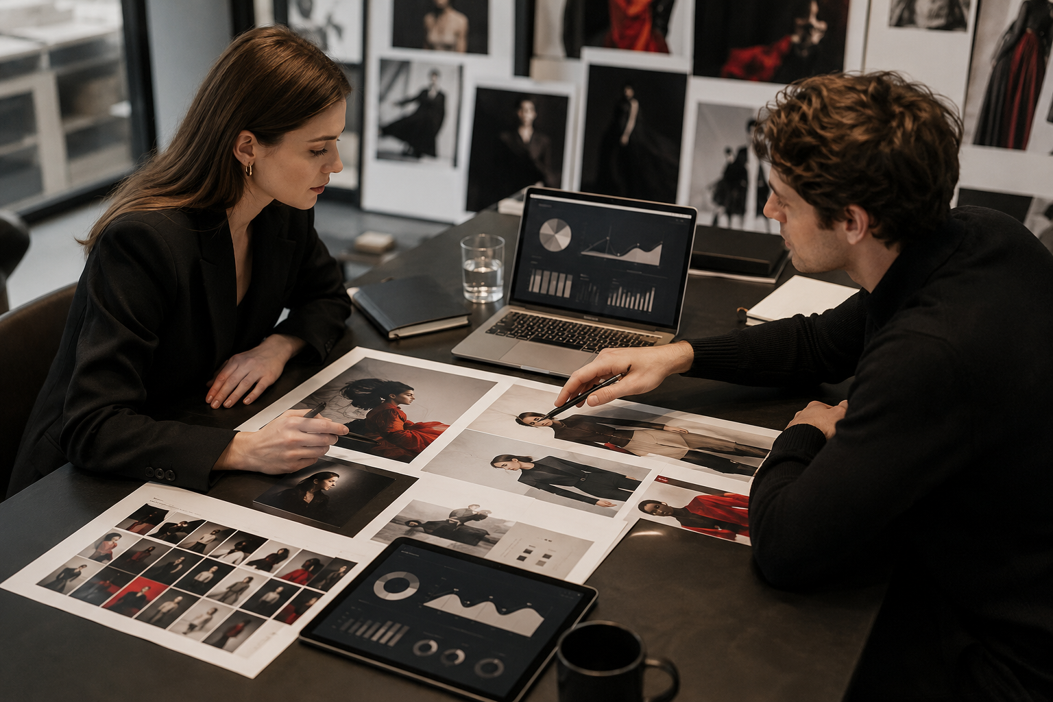 Fashion brand content strategy performance review with campaign imagery, analytics and creative testing materials