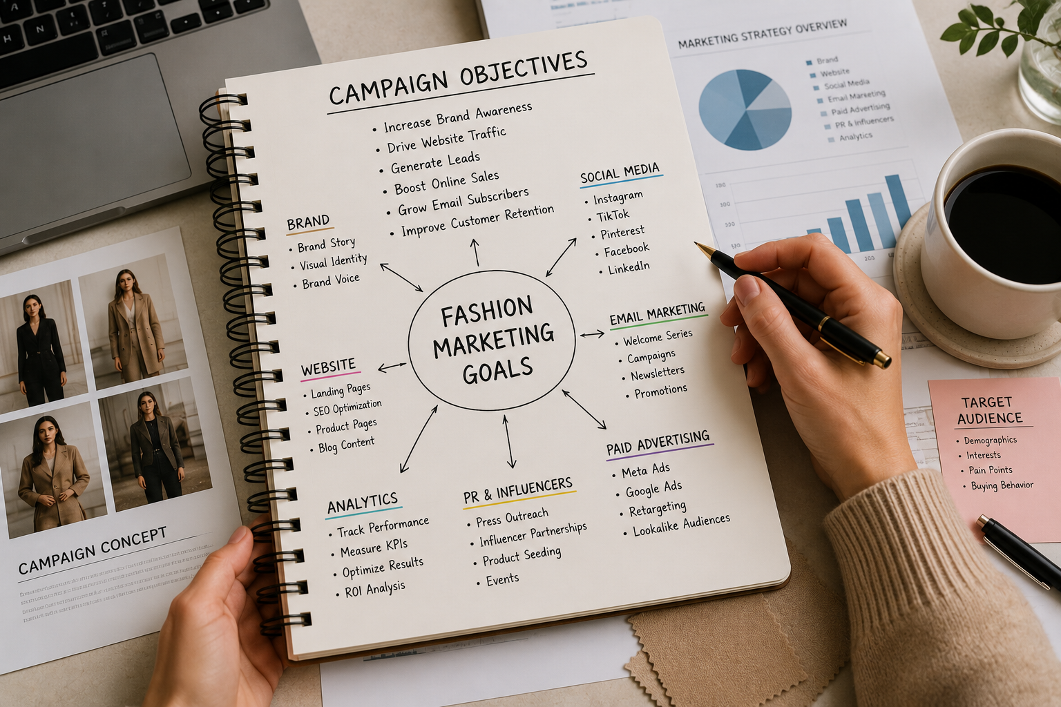 Fashion marketing team defining business objectives and campaign goals before production using a Fashion Marketing Checklist.