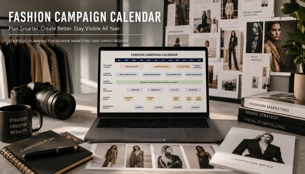 Fashion Campaign Calendar displayed on a laptop beside campaign imagery, camera equipment, and planning materials