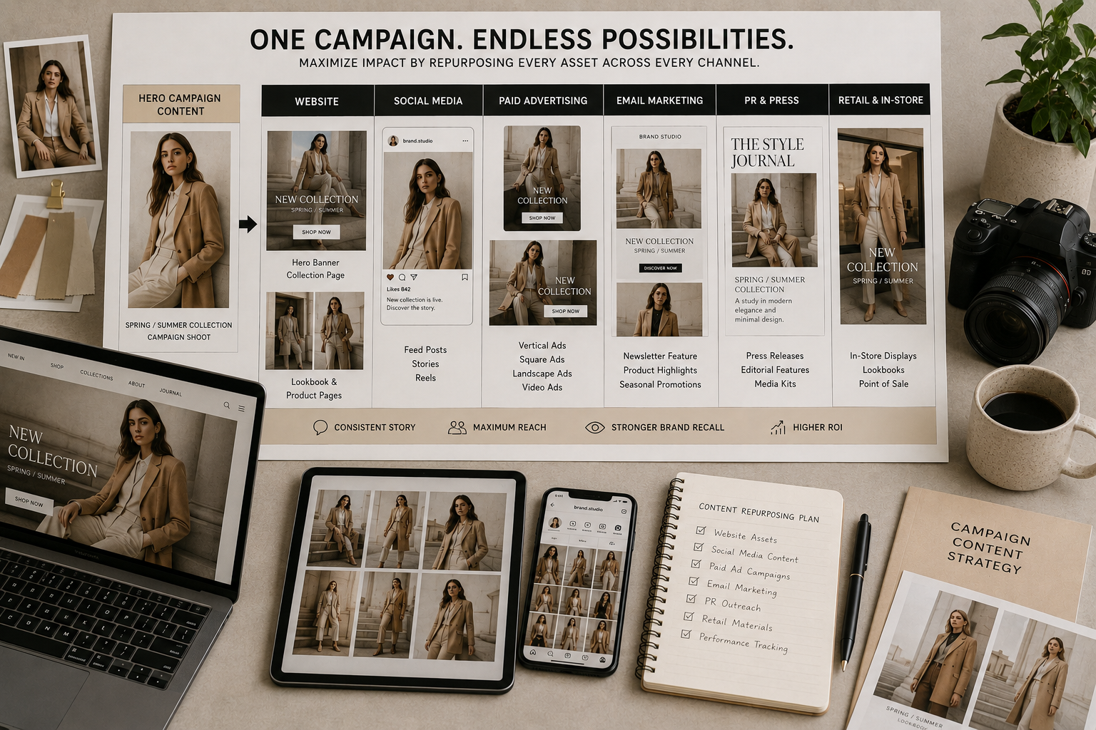 Fashion campaign content repurposed into website banners, social posts, advertising, email, PR, and retail assets