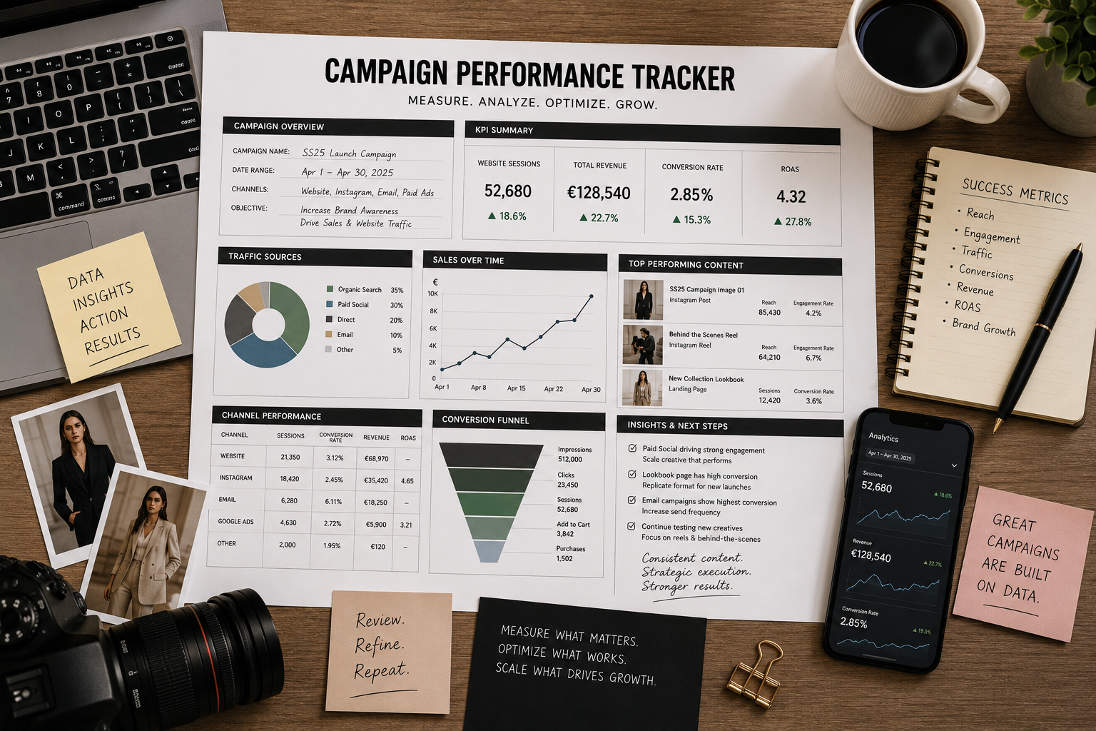 Fashion campaign deployment plan showing marketing channels, campaign performance tracking, content distribution, and launch execution across digital platforms.