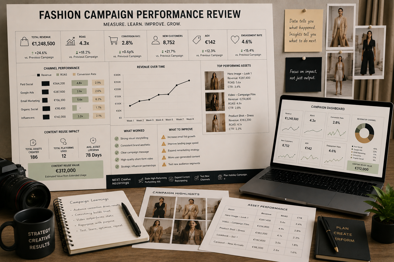 Fashion campaign performance review with sales, advertising, conversion, engagement, and content reuse metrics