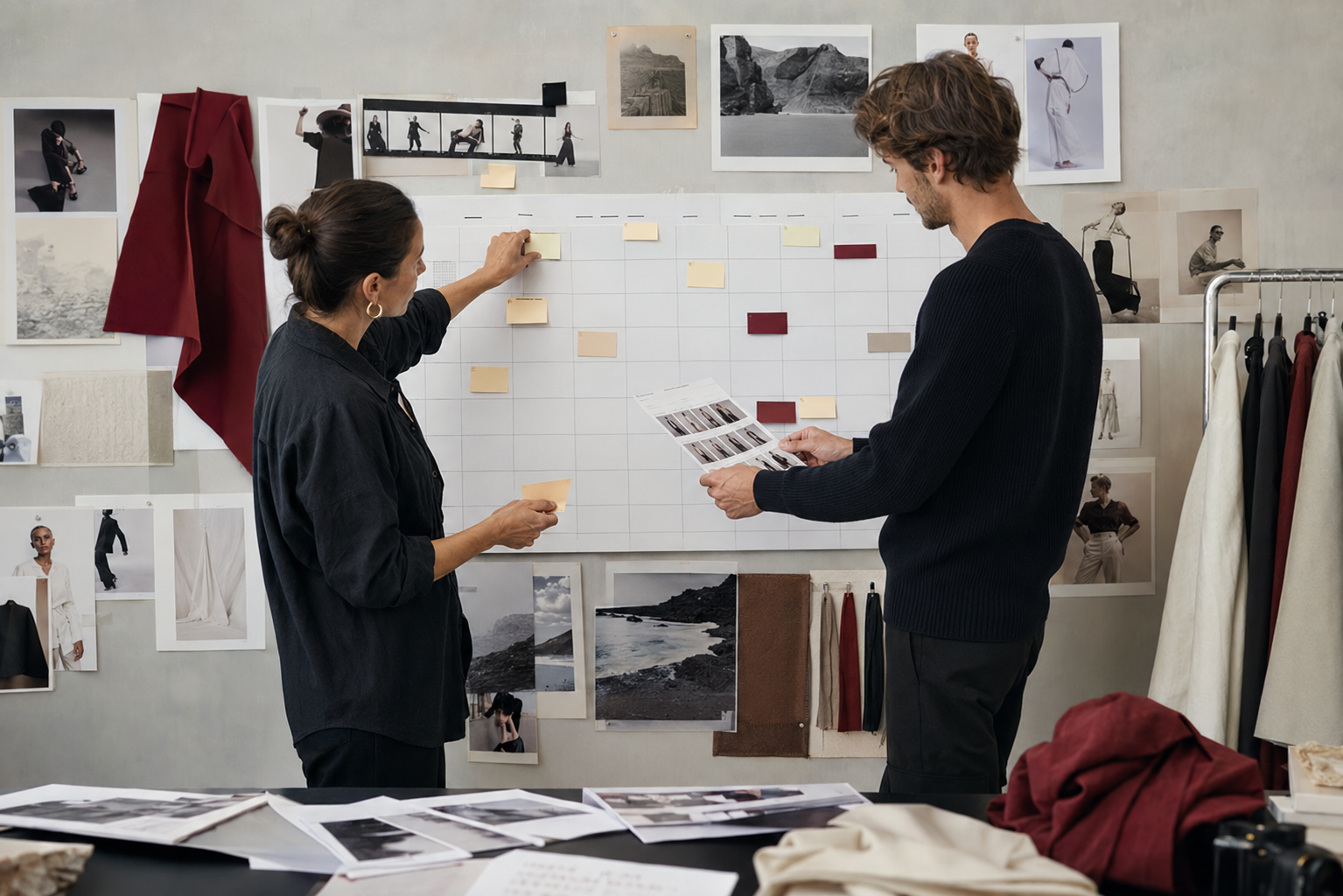 Fashion campaign planning team organizing a pre-production schedule, casting references and wardrobe