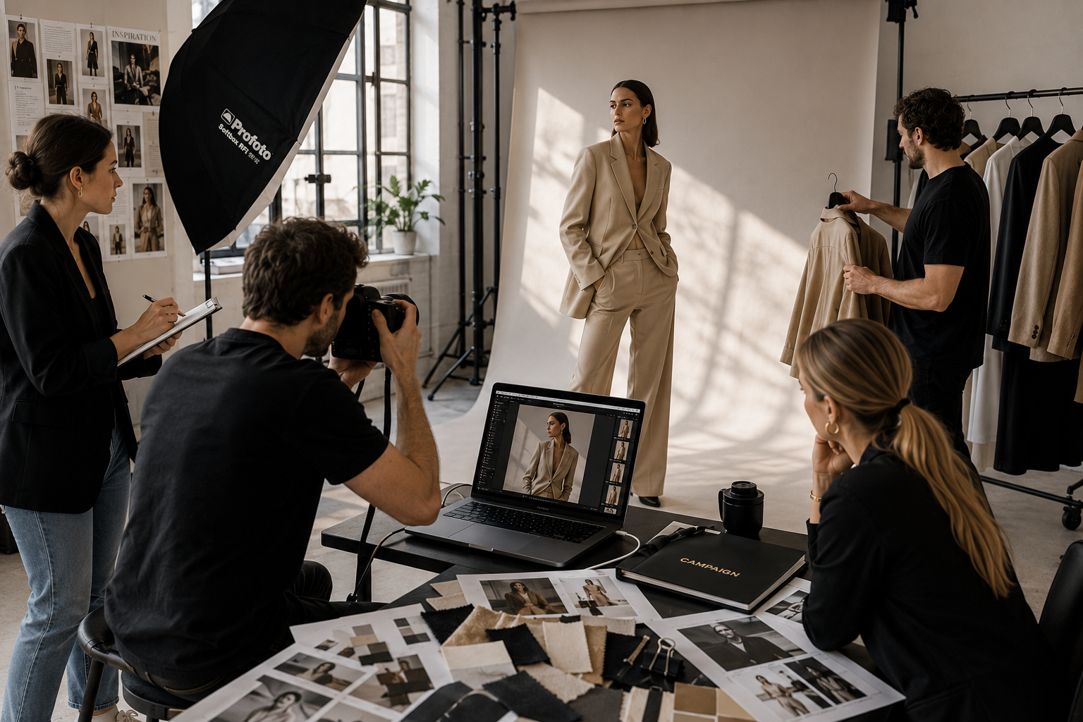 Professional fashion campaign production with photographer, stylist and creative team.