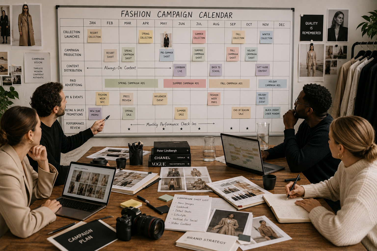 Fashion campaign team collaborating around a shared calendar, mood boards, production plans, and marketing assets