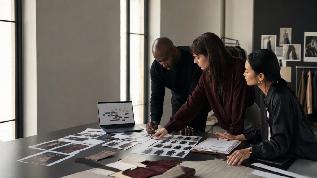 Fashion Campaign Timeline planning session with a creative team reviewing campaign assets and production milestones