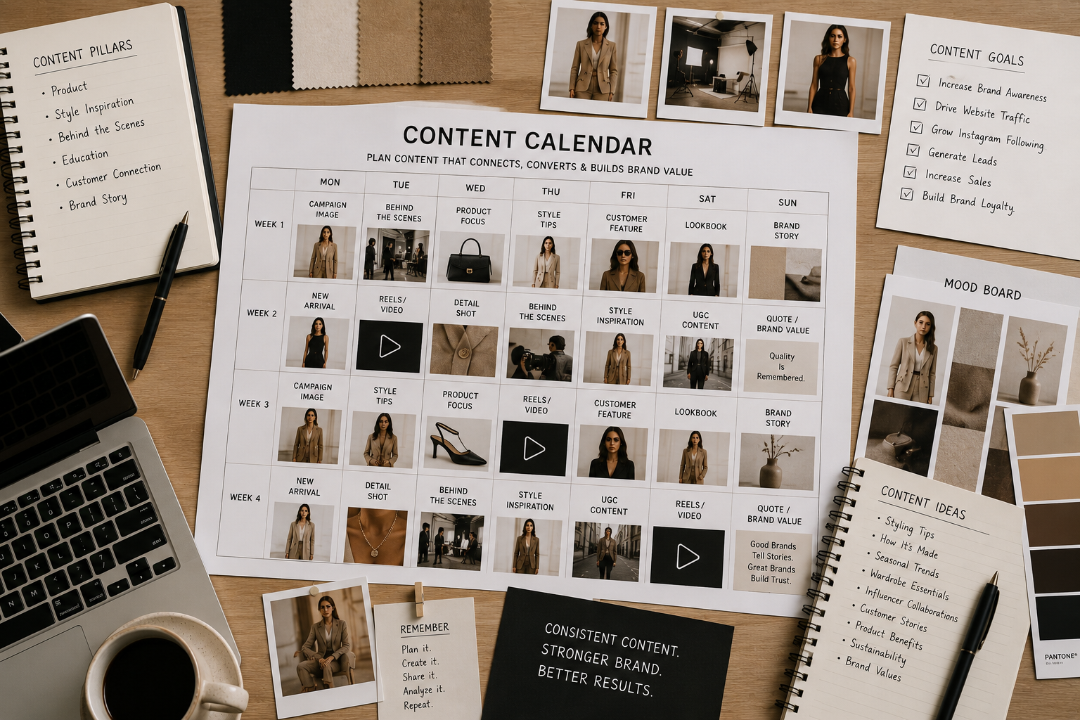 Fashion content planning checklist with content calendar, photography, video deliverables, and marketing assets prepared before a fashion campaign.
