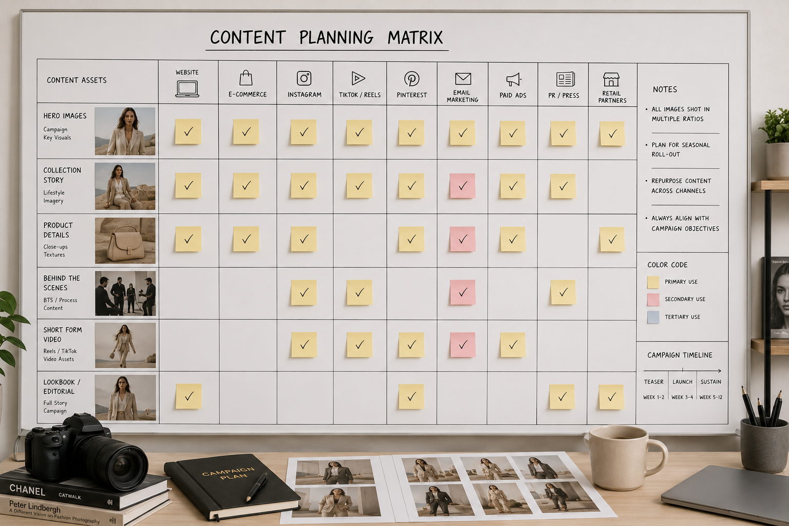 Fashion content planning matrix organizing campaign assets across multiple marketing channels.