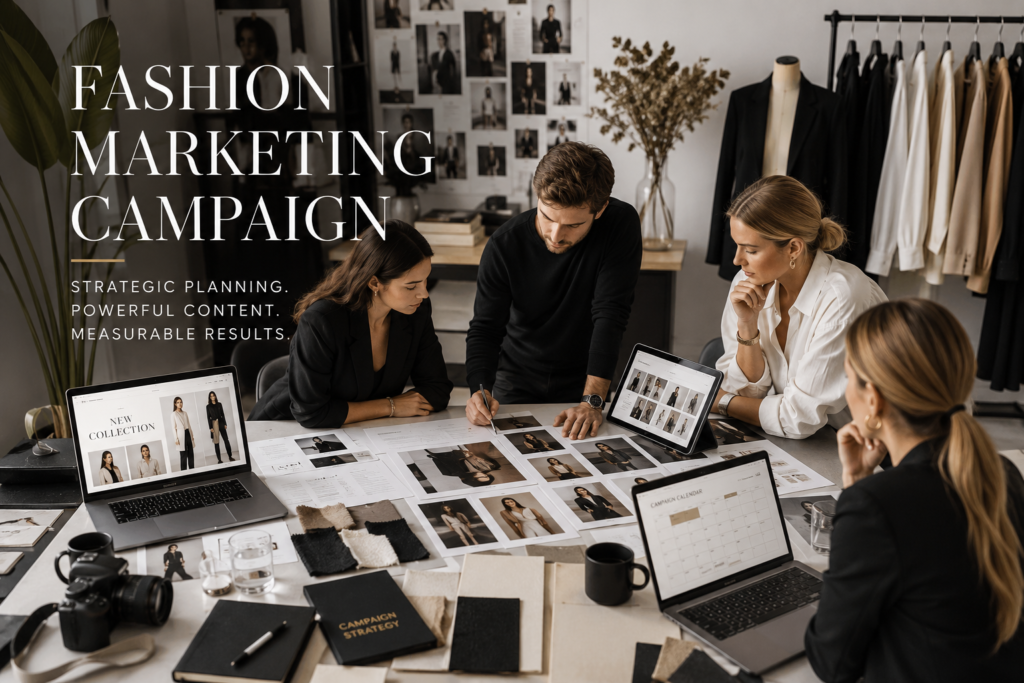 Fashion marketing campaign strategy planned across photography, advertising, website, email marketing and social media channels.