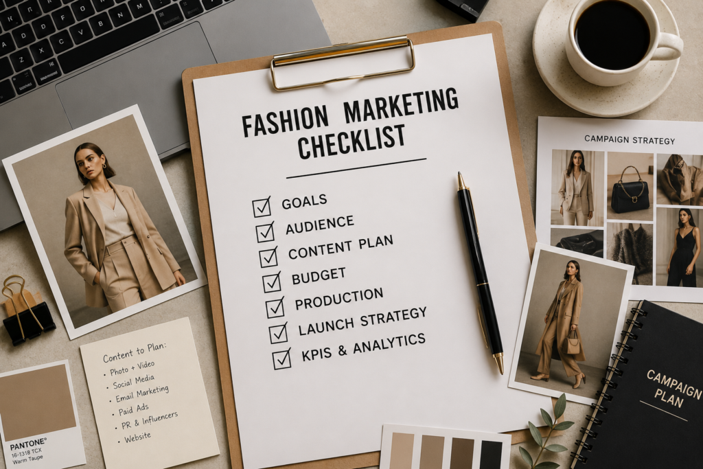 Fashion Marketing Checklist planning board with campaign strategy, fashion photography, laptop, mood boards, and marketing documents for a fashion brand.