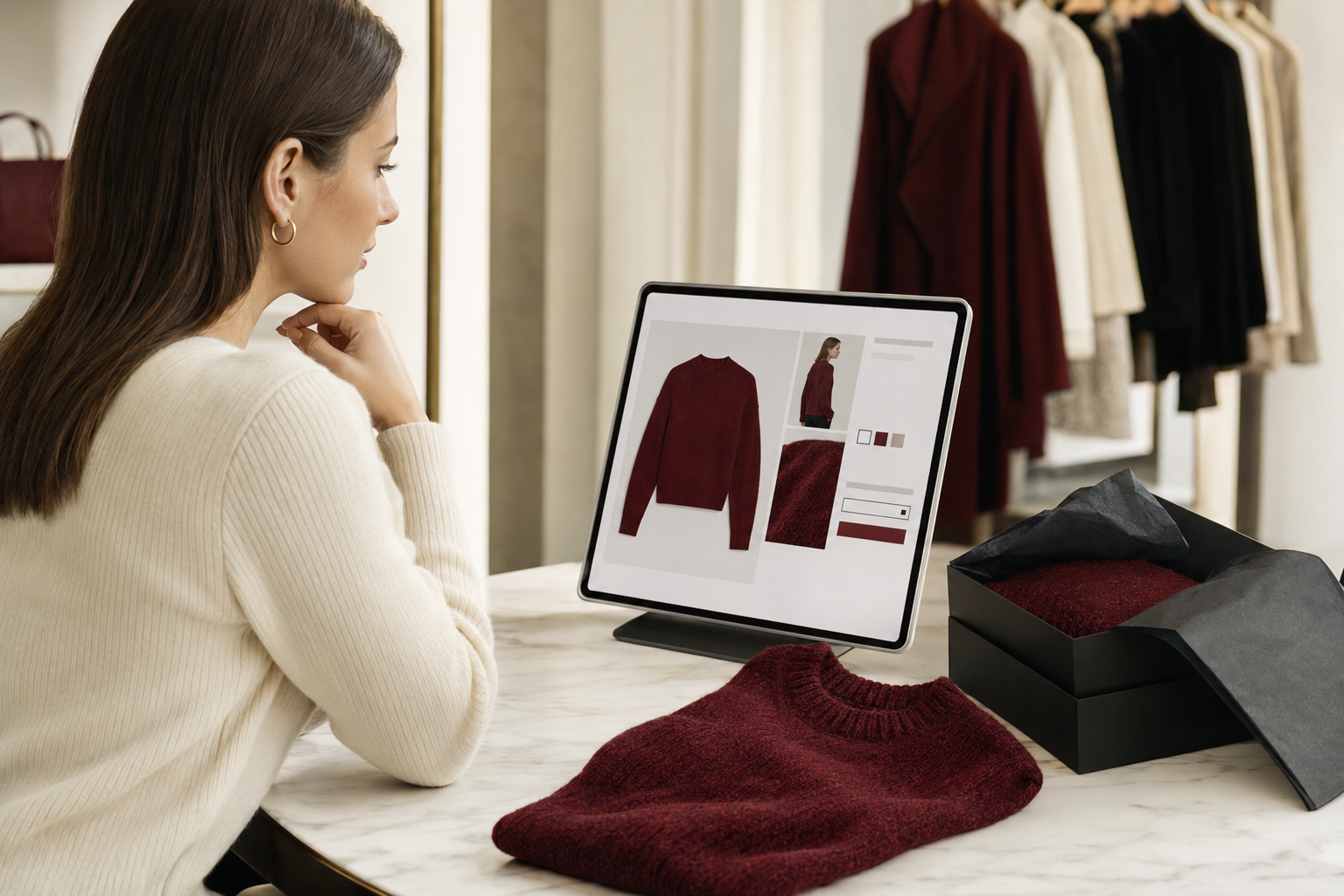 Fashion Marketing Funnel conversion stage with clear product presentation and a confident fashion purchase decision