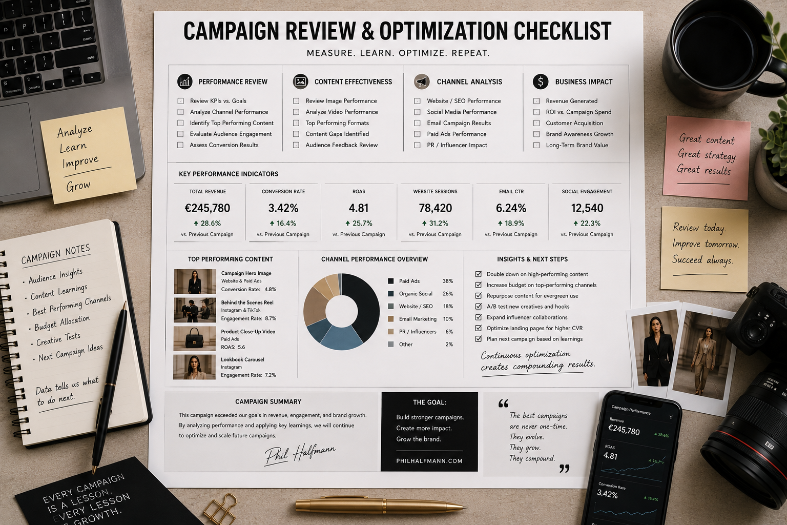 Fashion marketing KPIs dashboard showing campaign performance metrics, analytics, conversion rates, ROI, website traffic, and marketing insights for a fashion campaign.