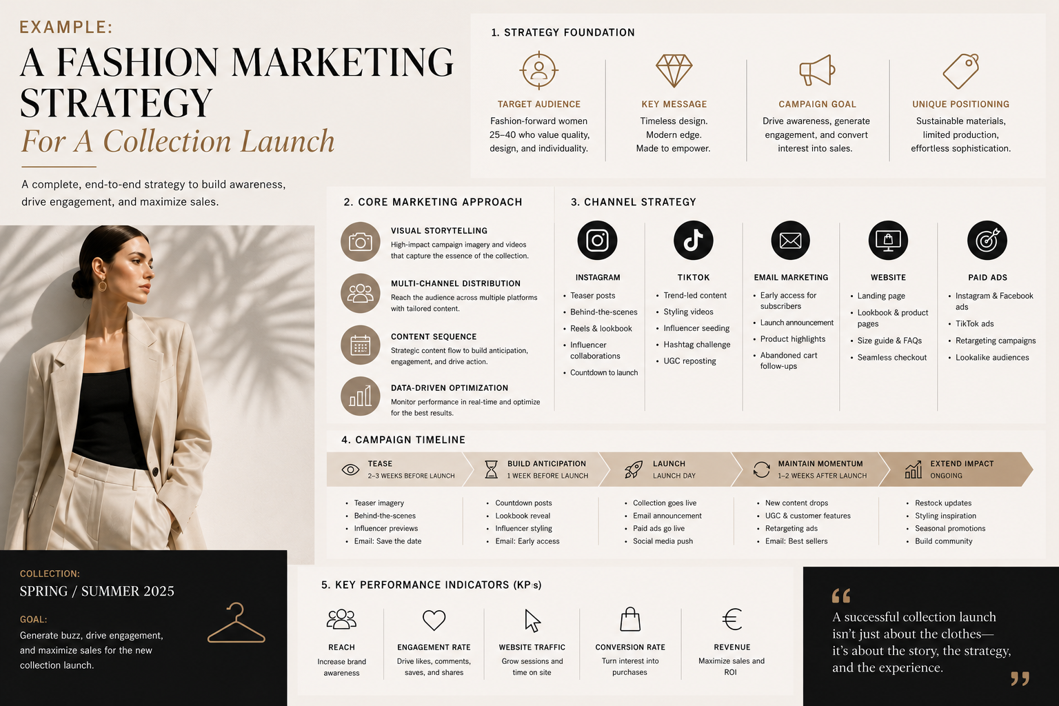 Example of a fashion marketing strategy for a collection launch featuring campaign planning, content strategy, marketing channels, launch timeline, KPIs, and multi-channel promotional activities.