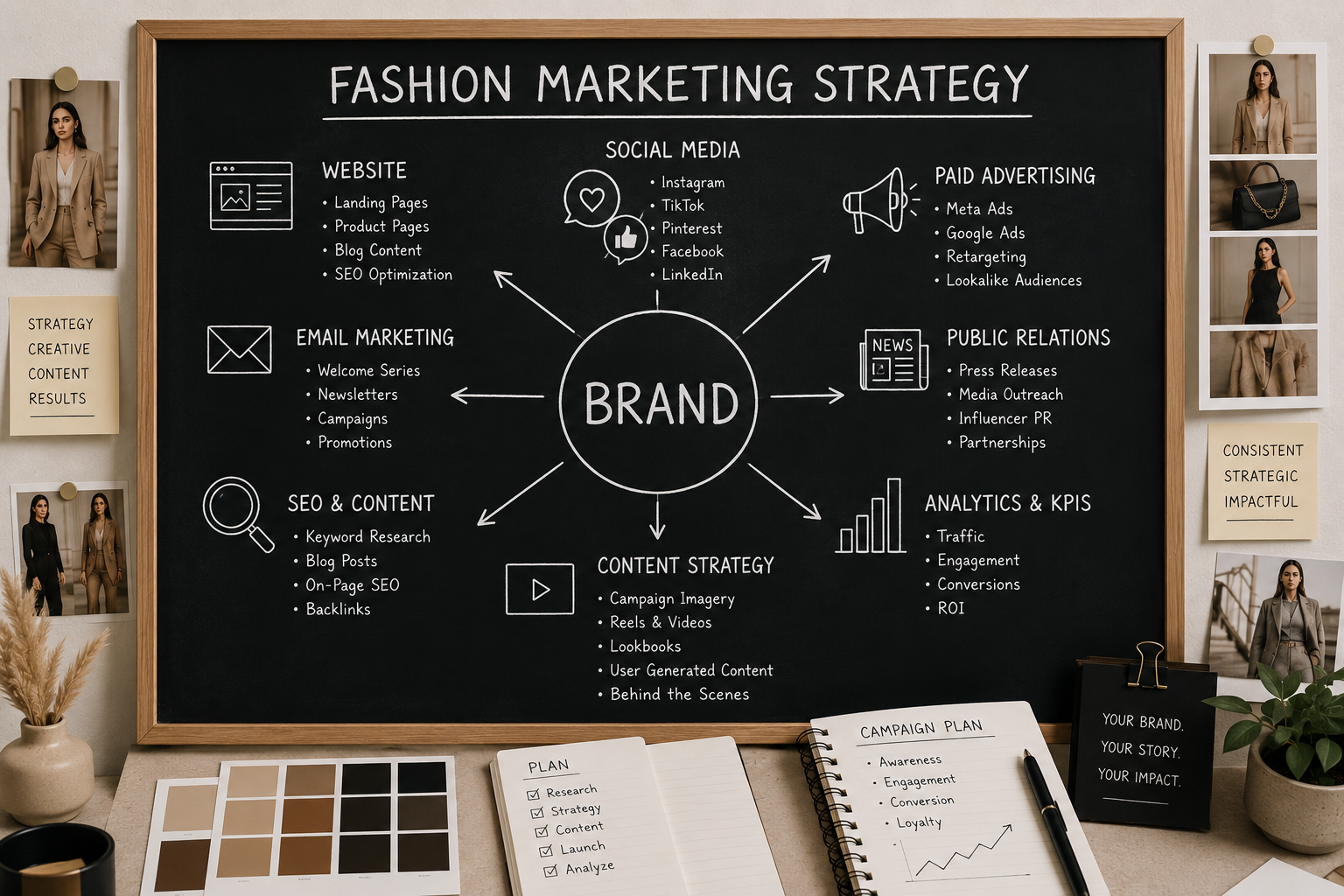 Complete fashion marketing strategy connecting website, email marketing, social media, paid advertising, SEO, public relations, and content strategy for a fashion brand.