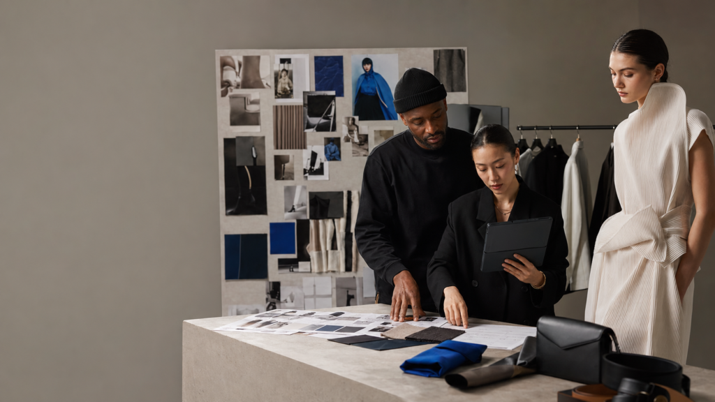 Fashion Product Launch Strategy planning session with a creative director, marketer and model in a fashion studio