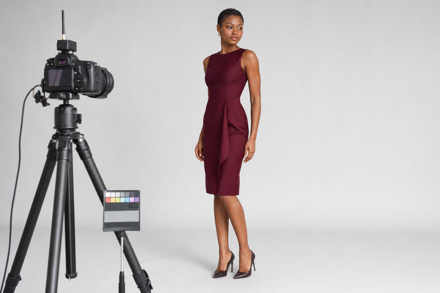 Controlled studio fashion product photography using consistent light and a color reference to protect product accuracy.