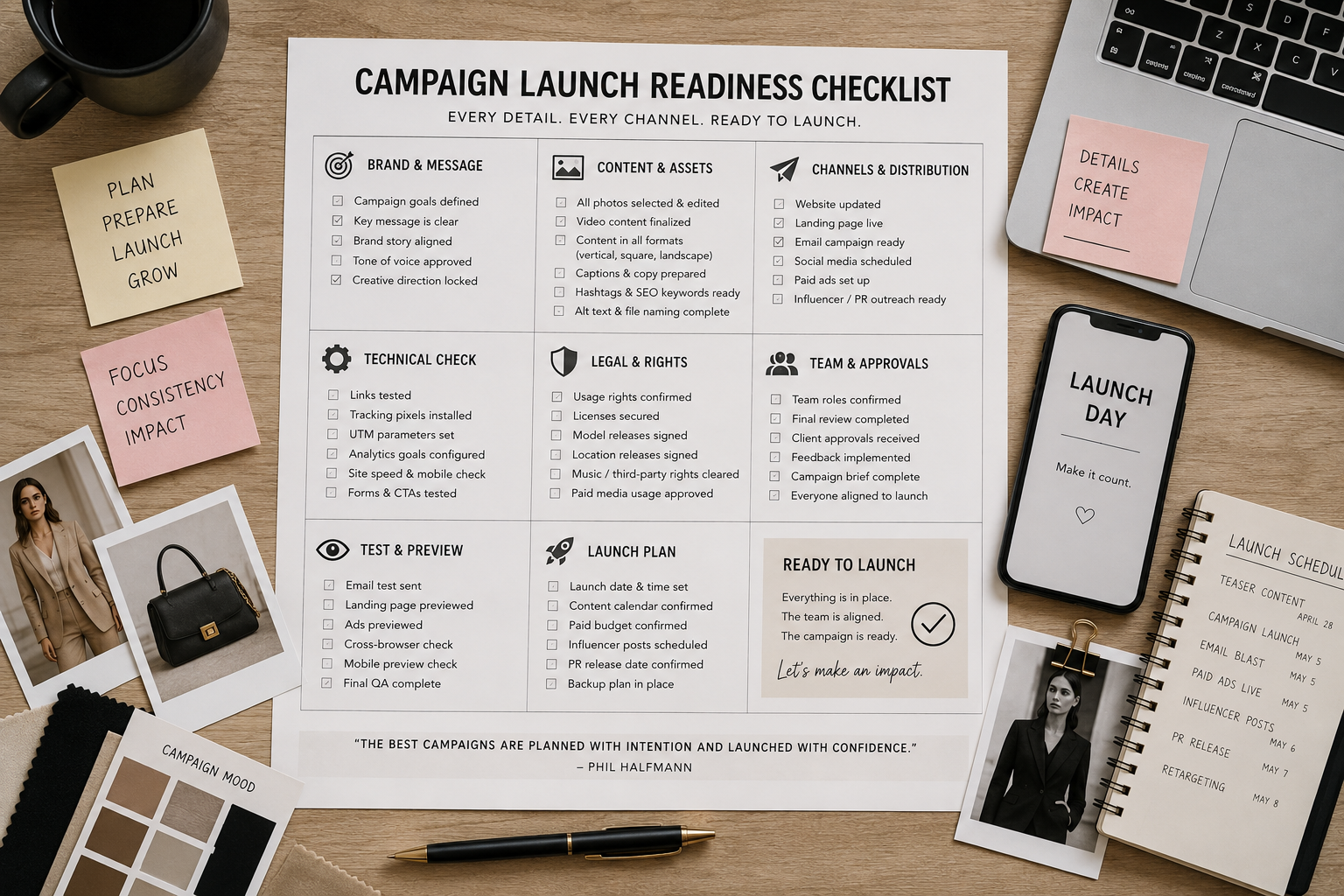 Fashion production planning checklist with campaign launch schedule, creative approvals, content assets, and production workflow for a successful fashion marketing campaign.
