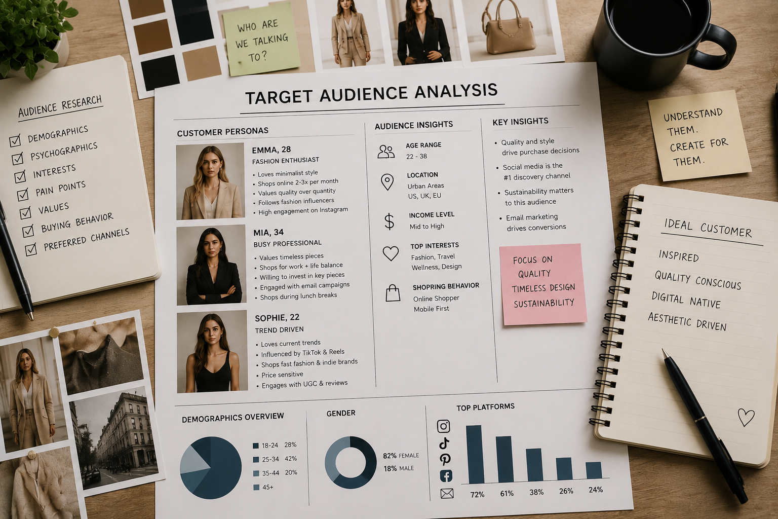 Fashion marketing professionals analyzing customer personas, audience insights, demographics, and buying behavior to build an effective Fashion Marketing Checklist.
