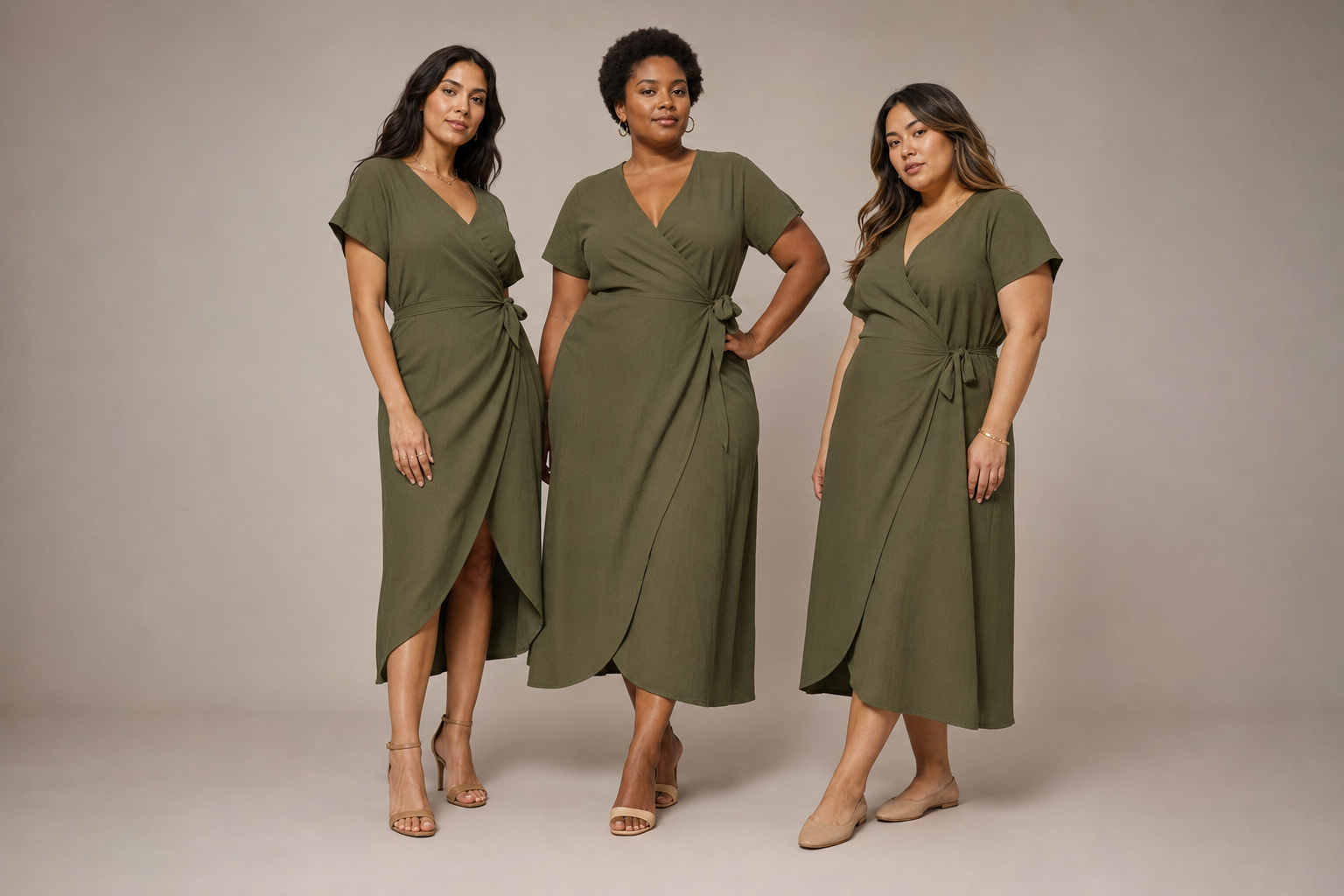 Inclusive fashion fit imagery showing one garment across different adult body shapes for clearer online evaluation.