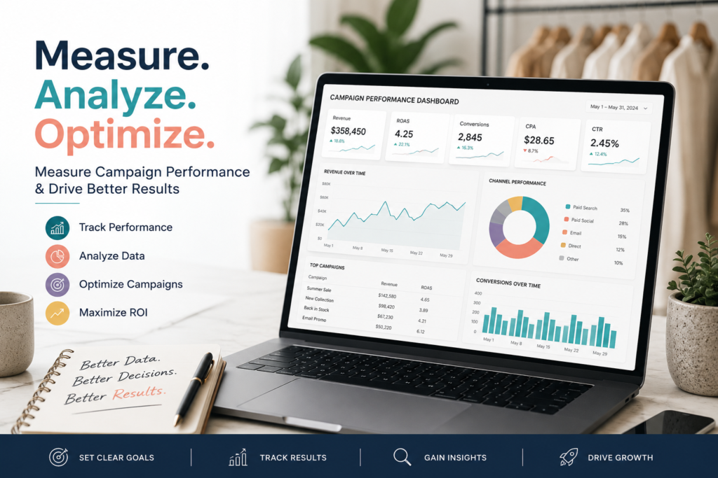 Campaign performance dashboard displaying marketing analytics, campaign performance metrics, ROI, conversions, and insights used to measure campaign performance and optimize future campaigns.