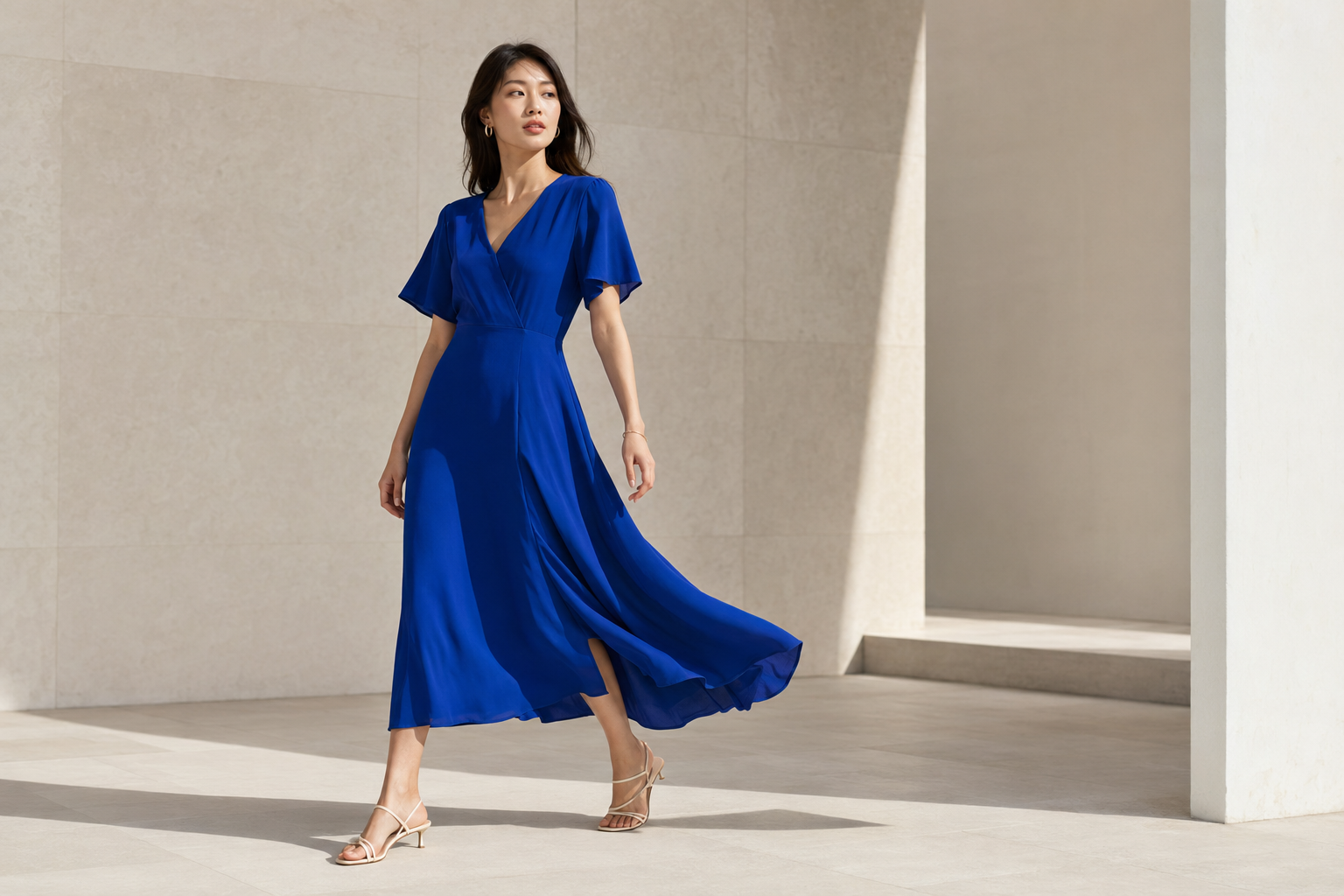 On-model fashion image showing how movement helps shoppers evaluate the drape and silhouette of a dress.