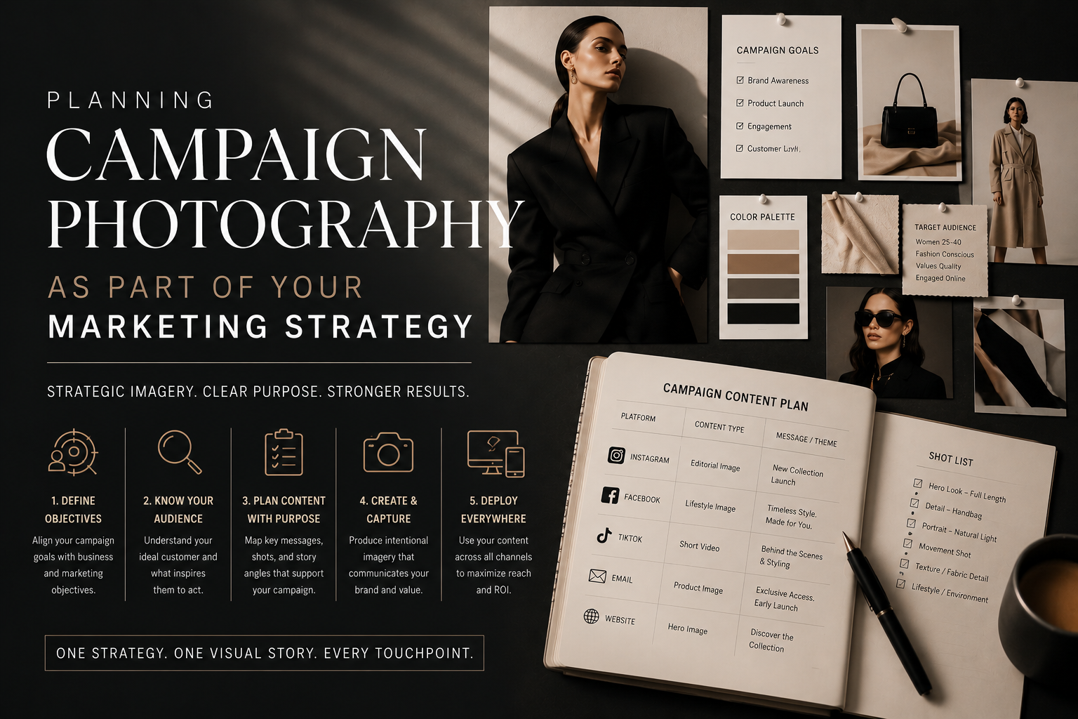 Planning campaign photography as part of a fashion marketing strategy with campaign objectives, content planning, audience targeting, shot lists, and multi-channel marketing deployment.