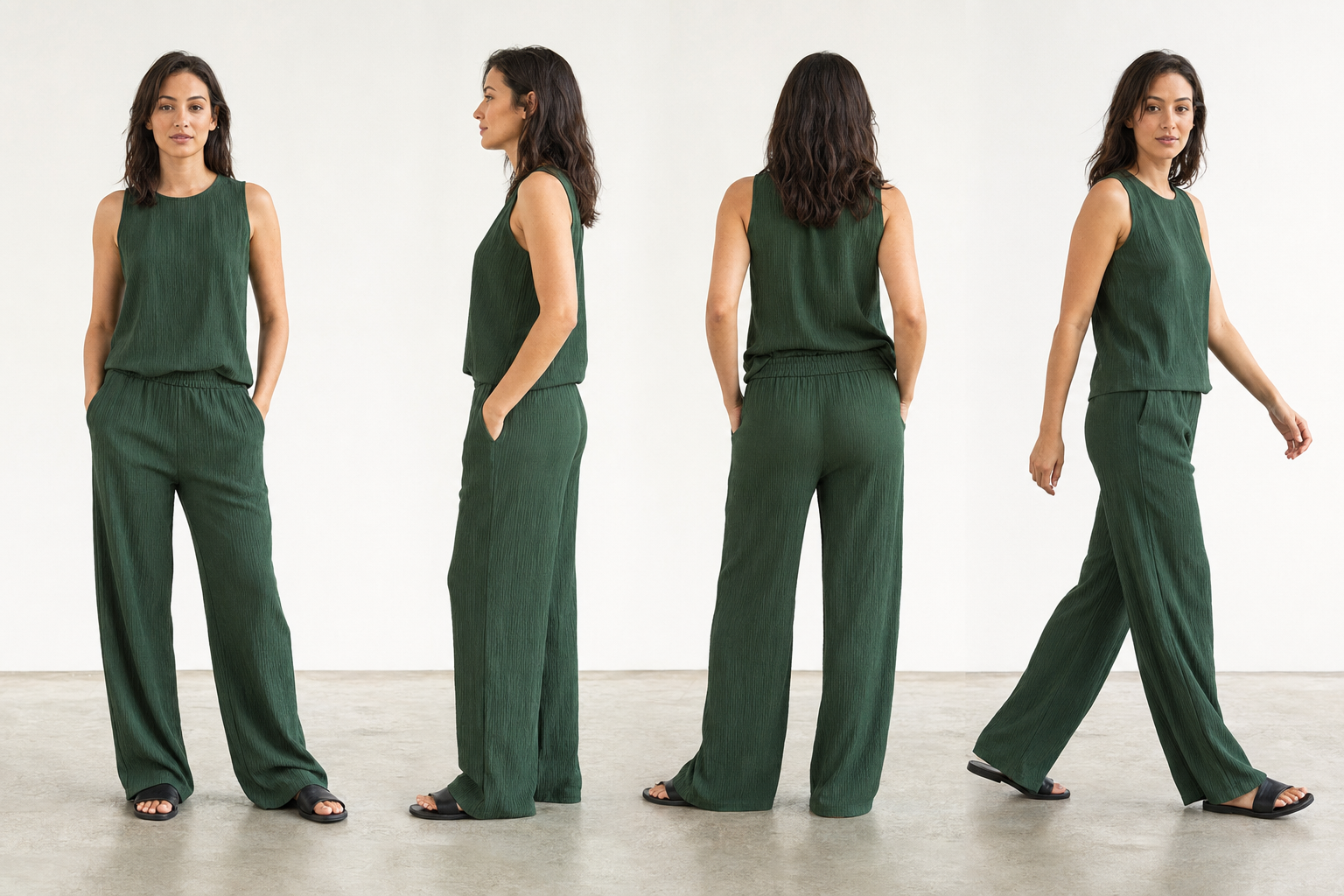Product photography shot list showing consistent front, back, side, fabric and construction views of a fashion garment.