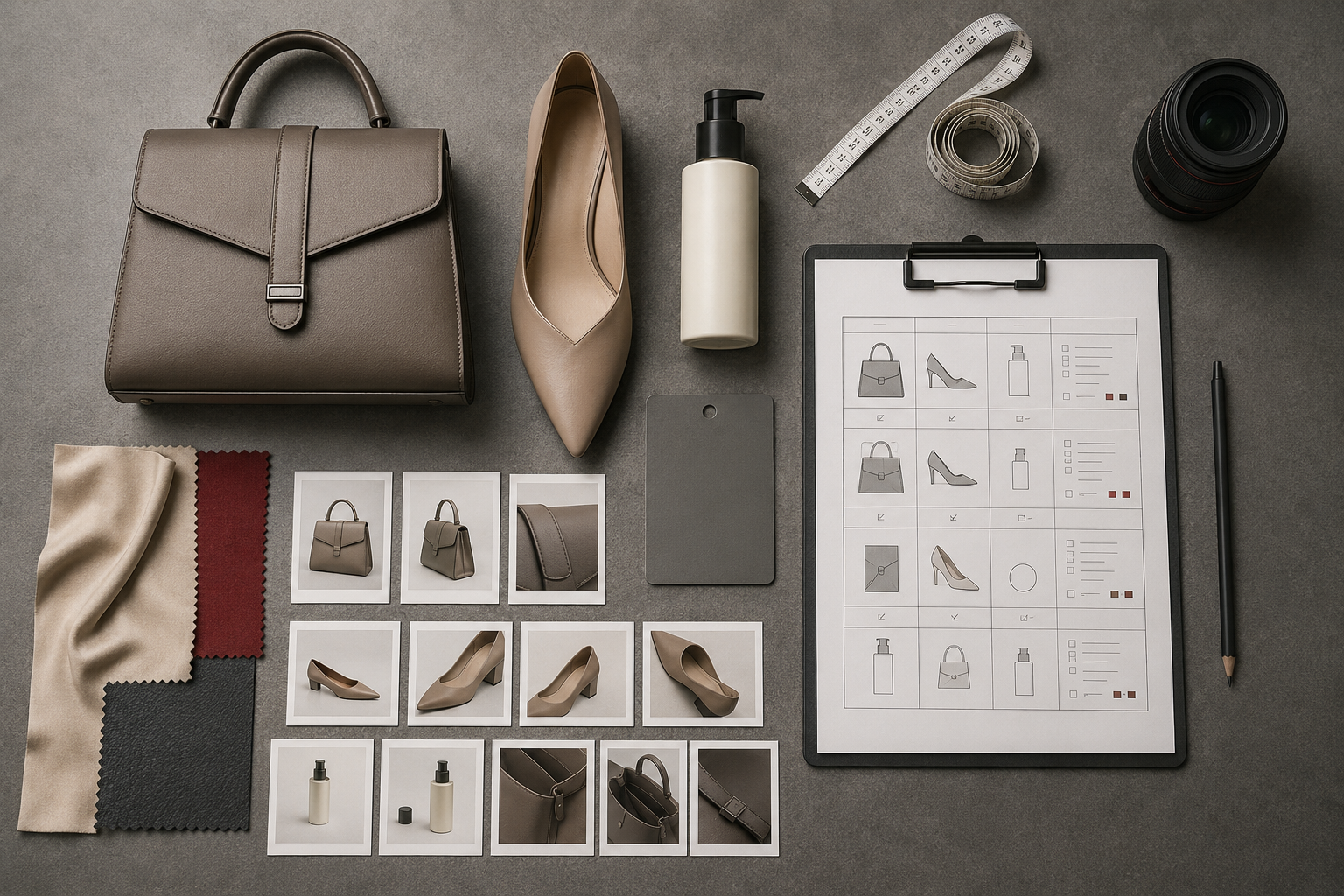 Product Page Image Guide: Build an Ecommerce Image System That Converts - Phil Halfmann Product photography shot list with fashion and beauty products, camera tools and material samples