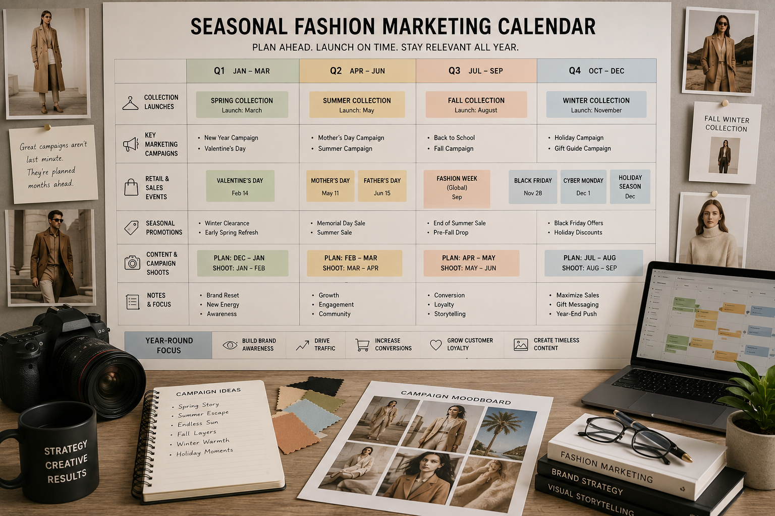 Seasonal fashion marketing calendar with collection launches, retail events, holidays, and promotional campaign dates