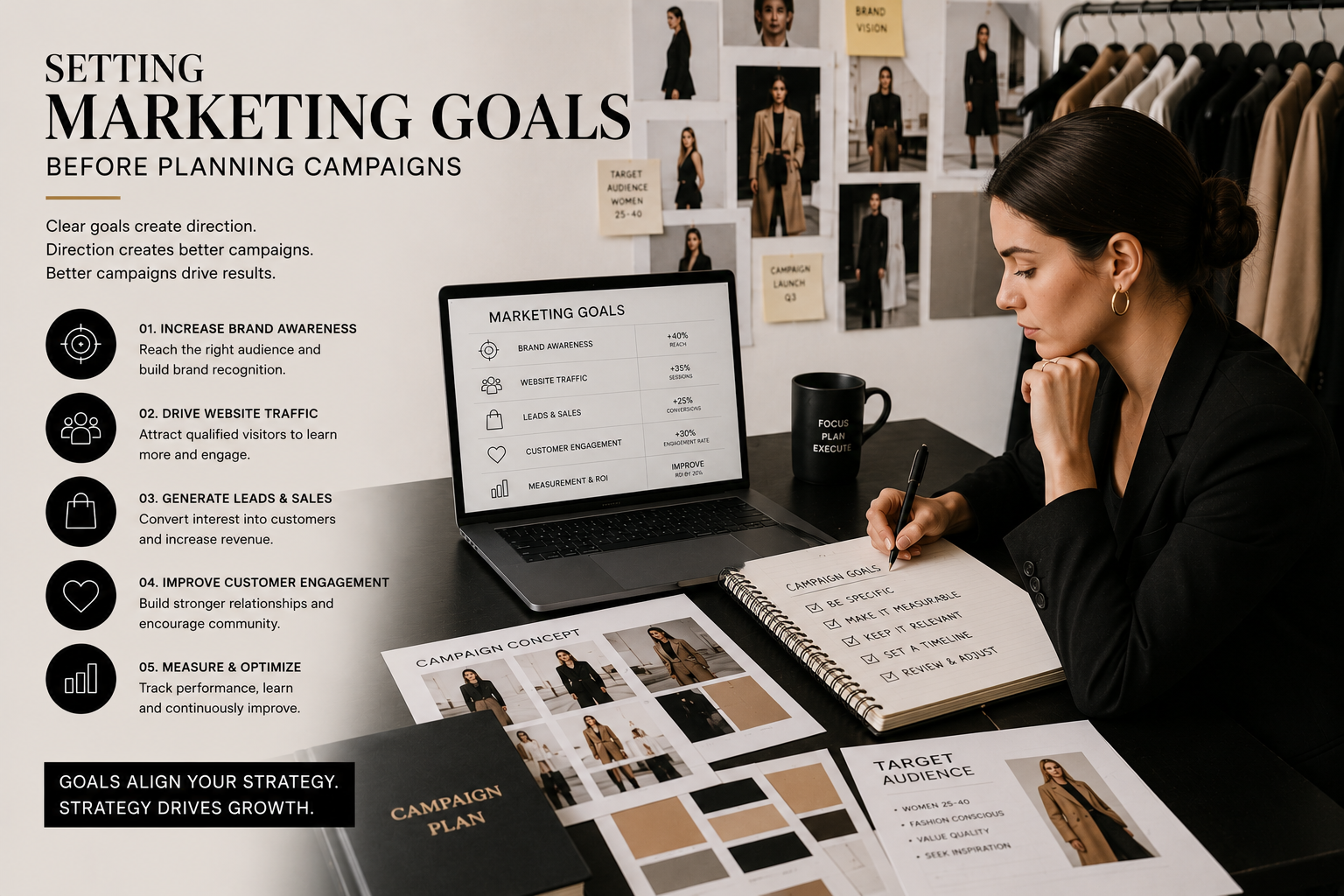 Fashion marketing strategy planning session with marketing goals, campaign objectives, audience research, and campaign planning completed before a fashion collection launch.