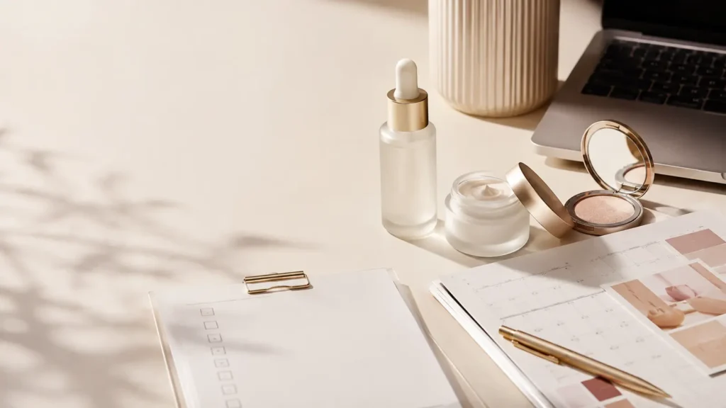 Beauty Product Launch Checklist: 45 Steps From Strategy to Sales - Phil Halfmann Beauty product launch checklist with skincare products, campaign calendar and launch planning documents