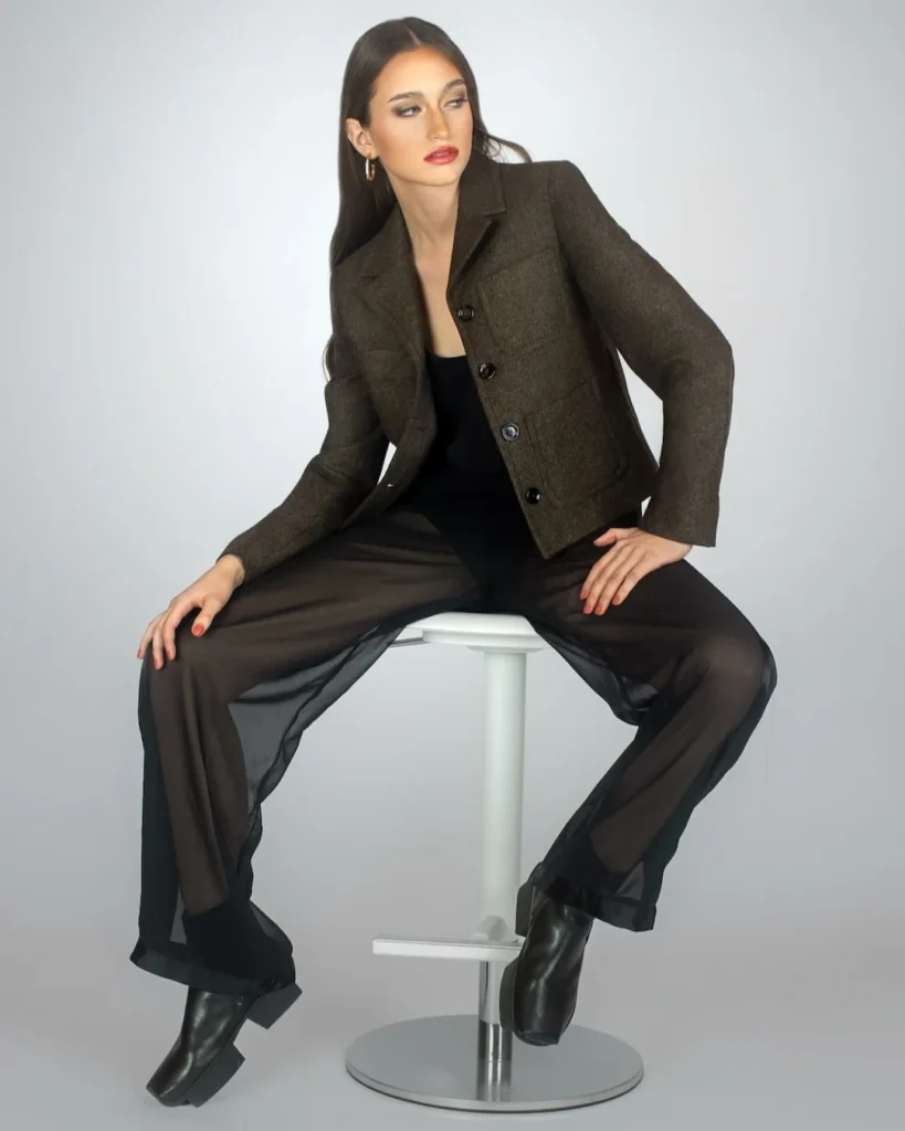 Brown tailored Mango jacket paired with black sheer Triumph trousers and black ankle boots.