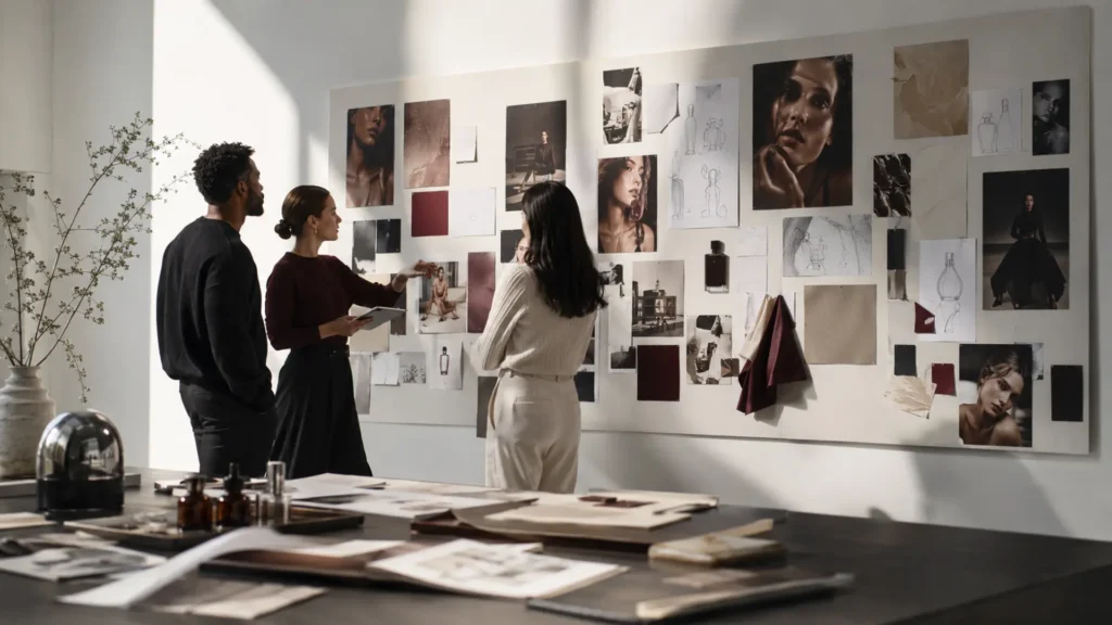 Campaign Concept Development: From Business Goal to Visual Idea - Phil Halfmann Campaign concept development team refining a fashion and beauty campaign idea on a creative wall