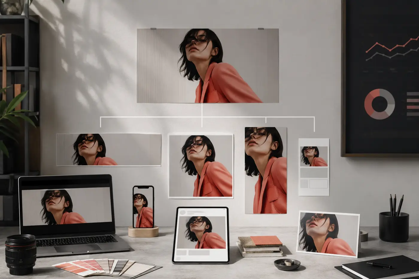 Visual Content Library Management: The Complete Guide for Fashion And Beauty Brands - Phil Halfmann Visual content library management example showing one fashion campaign image adapted for website, social, email and paid-media formats