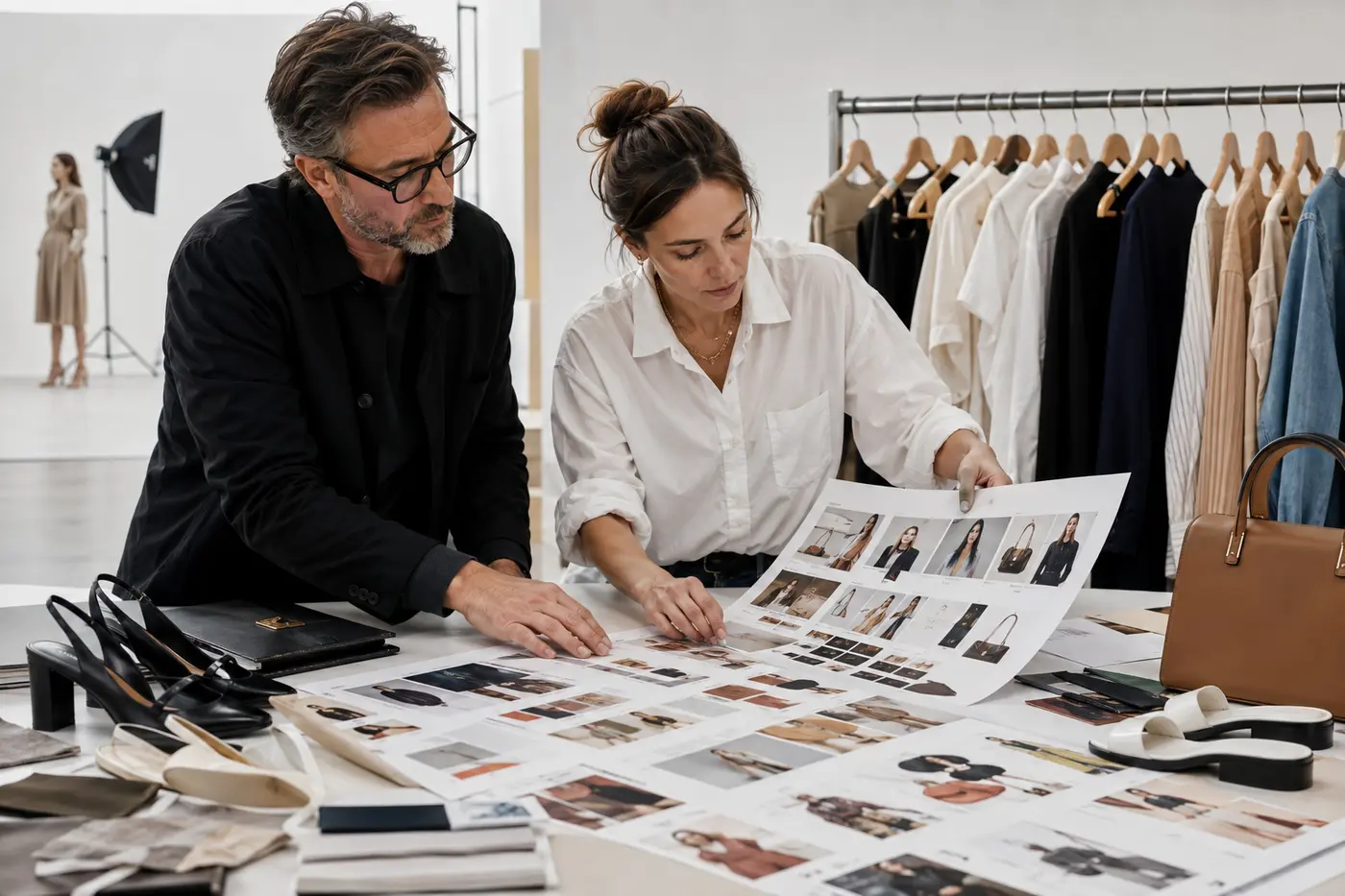 Creative team planning category page photography with contact sheets, fashion products and a shot matrix