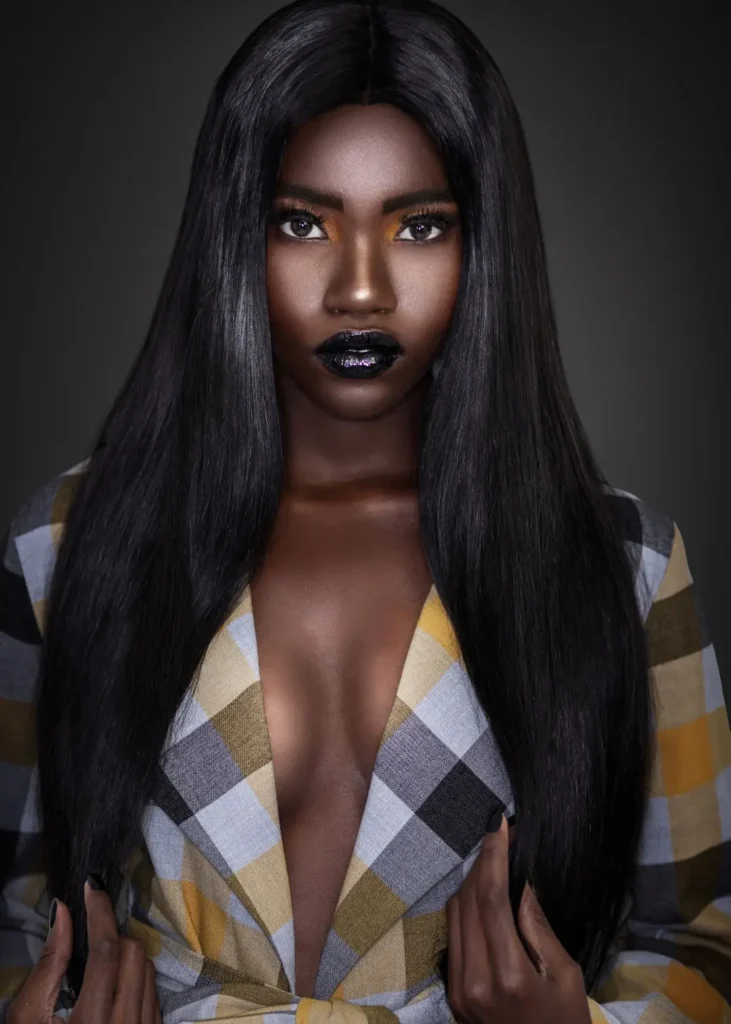 Clean & Serene: How Beauty Editorial Creative Direction Turned a Mood Board into a Published Story - Phil Halfmann Beauty editorial photography portrait with long INDIQUE HAIR, black lipstick and a checked jacket