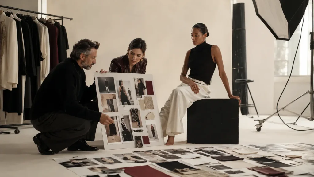 Creative direction for fashion campaigns with a team reviewing a moodboard in a fashion studio