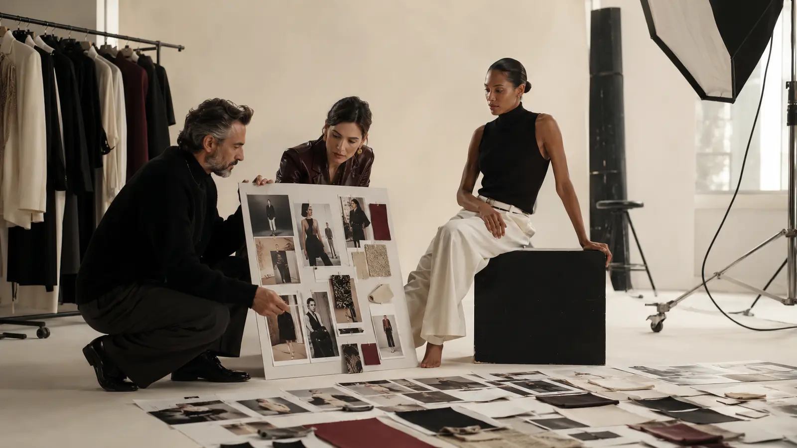 Fashion Campaign Creative Direction Services - Phil Halfmann Creative direction for fashion campaigns with a team reviewing a moodboard in a fashion studio